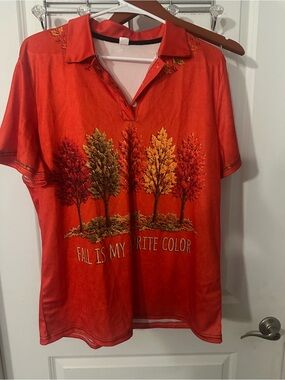 Source Unknown Red Short Sleeve Polo with Autumn Tree Graphic